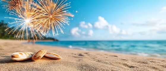 Poster - Stunning display of vibrant colorful fireworks exploding over the ocean during a lively seaside festival or coastal event  Glowing luminous sparks and bursts reflecting on the tranquil water below