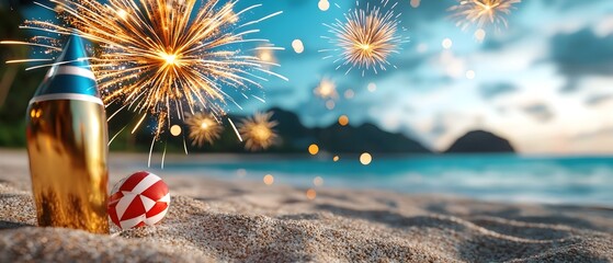 Poster - Spectacular display of vibrant fireworks erupting over a serene oceanfront illuminating the sky during a lively seaside festival