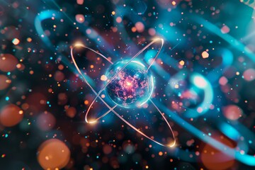 Poster - Futuristic glowing atom rotating with electrons is a concept for physics, science, and chemistry