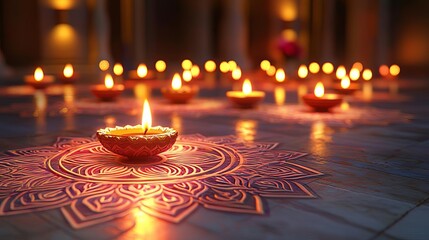 Wall Mural - Indian Happy Diwali Diya lamps arranged in mandala pattern, warm glow reflecting on floor, Diwali decor, 3D illustration