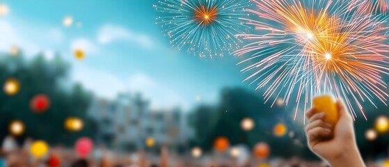 Poster - Vibrant multicolored fireworks exploding in a dazzling display above a crowded lively city during a joyful festival The night sky is illuminated with bursts of radiant light and energy