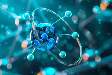 Poster - 3d rendering of a luminous atom model with electrons spinning around the nucleus