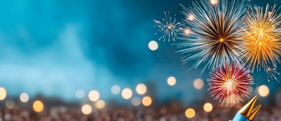 Poster - Vivid fireworks bursting in a dazzling display over a bustling city square creating a breathtaking spectacle of light color and energy during a festive