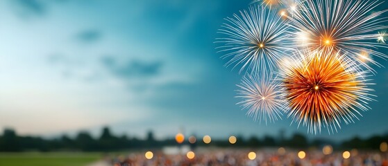 Poster - Spectacular fireworks lighting up the night sky over a bustling city square with colorful explosions and glowing illumination creating a breathtaking scene