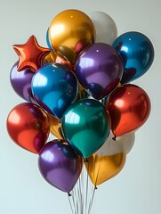 Poster - A captivating cluster of colorful star shaped balloons gently floating on a clean white backdrop