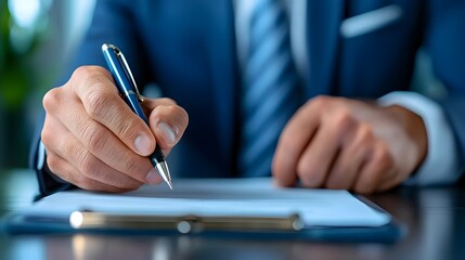 Leinwandbilder - Businessman Completing Checklist on Clipboard Highlighting Task Completion Project Approval and Success within Deadline  Representing Business Productivity Efficiency and Goal Achievement