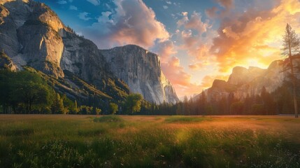 Aufkleber - A dramatic view of the Yosemite Valley with its towering granite cliffs and expansive meadows under a vibrant sunset sky, natural setting with warm hues, Yosemite style