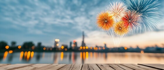 Poster - Dramatic burst of fireworks lighting up the night sky over a tranquil lake with vibrant colors and reflections on the calm water creating a serene and festive scene
