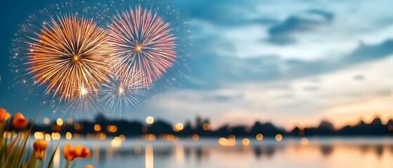 Poster - Dramatic firework display lighting up the night sky over a tranquil lake with vibrant colors beautifully reflecting on the still water creating a peaceful and picturesque festival scene