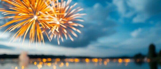 Poster - Colorful fireworks bursting over a tranquil lake their vibrant reflections shimmering on the calm water surface as part of a dramatic nighttime festival under the starry sky