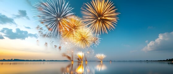 Poster - Bursts of colorful fireworks light up the night sky their vibrant reflections shimmering on the calm surface of a tranquil lake during an enchanting festival