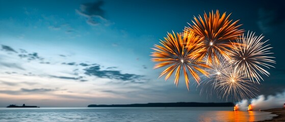 Poster - Vibrant and colorful fireworks exploding in the night sky above a tranquil lake with the bursts of light beautifully reflecting on the calm water surface during a festive by the lakeside