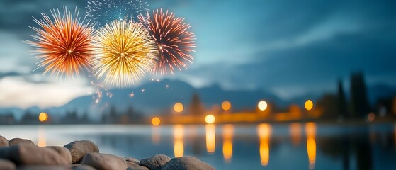 Poster - Breathtaking Firework Display Lighting Up the Night Sky Over a Peaceful Lake With Glowing Reflections Shimmering on the Calm Water Surface Adding to the Festive Atmosphere of a Lively