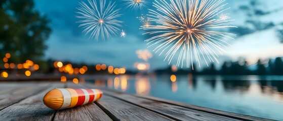 Poster - Vibrant fireworks bursting in the night sky their colorful reflections dancing on the peaceful waters of a serene lake creating a magnificent display during a lively festival