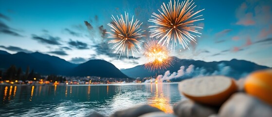 Poster - Breathtaking scene of colorful fireworks bursting over a serene lake creating dazzling reflections on the calm water surface beneath a dramatic night sky