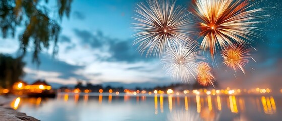 Poster - Vibrant fireworks bursting in the night sky their colorful reflections creating a mesmerizing display on the calm surface of a serene lake below a captivating by the water