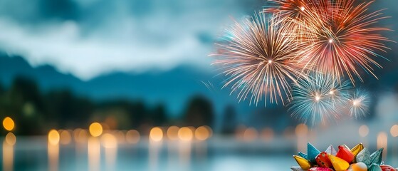 Poster - Breathtaking view of a serene lake with vibrant fireworks display reflected on the calm water creating a beautiful and festive scene at twilight