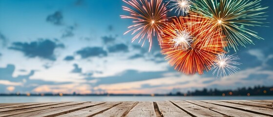 Poster - Vibrant bursts of colorful fireworks lighting up the night sky and reflecting off the calm waters of a lakeside festival creating a dramatic and serene night