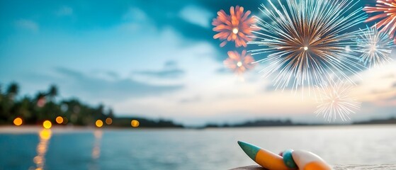 Poster - Breathtaking firework display illuminating the night sky above a serene lake with the vibrant bursts of light beautifully reflected on the calm water