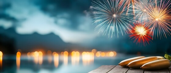 Poster - Mesmerizing display of colorful fireworks lighting up the night sky their reflections dancing on the still surface of a tranquil lake creating a serene yet lively festival atmosphere