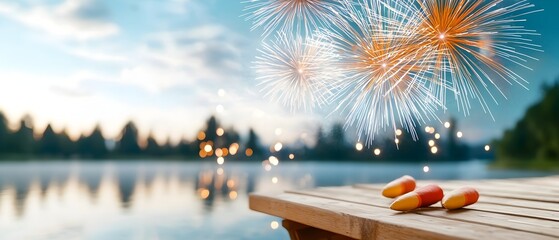 Poster - Vibrant fireworks exploding against the night sky their colorful reflections dancing on the still waters of a tranquil lake creating a captivating and peaceful festival atmosphere