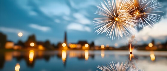 Poster - Colorful fireworks bursting over a still lake their reflections dancing on the tranquil waters creating a dramatic yet serene festival scene with a lively and festive atmosphere