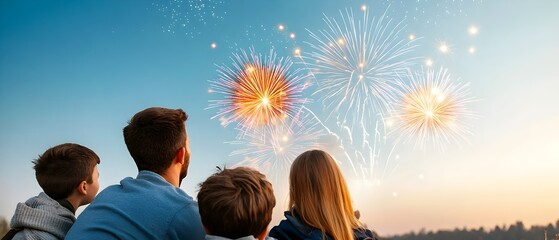Poster - Families gathered on a hillside watching vibrant fireworks light up the night sky a joyful under the stars with colorful explosions on the horizon