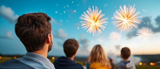 Poster - A joyful family with loved ones gathered on a scenic hilltop captivated by the vibrant bursts of colorful fireworks lighting up the night sky over the horizon