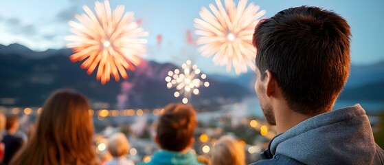 Poster - Vibrant fireworks bursting in the night sky illuminating the landscape and creating a mesmerizing display for a joyful family under the stars