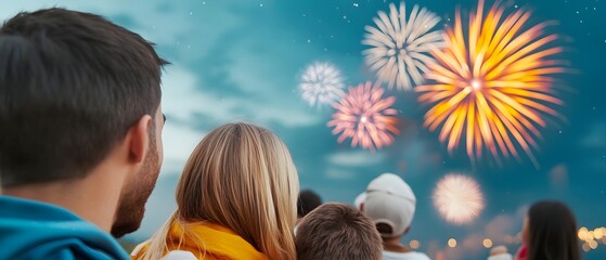 Poster - Families gathered on a hill watching vibrant fireworks light up the night sky a joyful under the stars with colorful displays bursting on the horizon