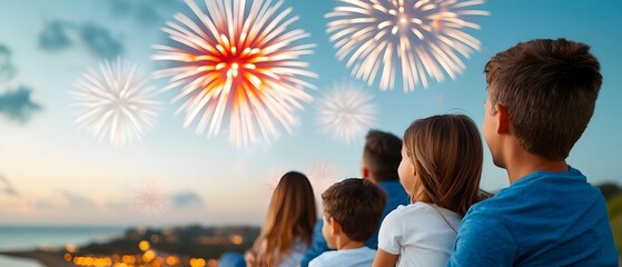 Poster - A group of families sitting together on a picturesque hill mesmerized by the colorful and captivating fireworks display illuminating the night sky above the horizon
