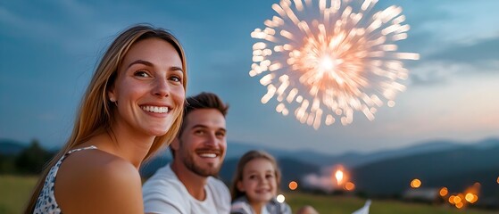 Poster - A family sitting together on a grassy hill gazing in wonder as colorful fireworks burst across the night sky above the distant horizon
