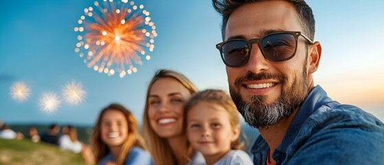 Poster - Families sitting together on a grassy hill watching colorful fireworks exploding across the night sky above the tranquil horizon