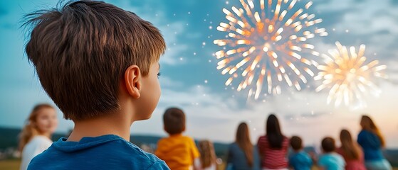 Poster - Vibrant fireworks bursting across the night sky illuminate a heartwarming family on a scenic hilltop children and parents alike watching in awe and wonder at the colorful display