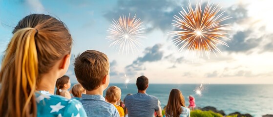 Poster - Vibrant fireworks lighting up the night sky as families gather on a hill to watch the bright colorful bursts over the horizon during a heartwarming