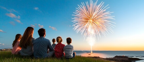 Poster - Families Gathered on Grassy Hill Watching Spectacular Fireworks Display Lighting Up the Horizon with Vibrant Colors and Radiant