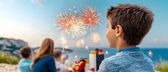 Poster - Joyful family members watching captivating fireworks display lighting up the night sky with colorful explosions over the distant horizon creating a magical and enchanting