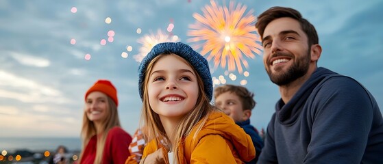 Poster - A family watching a captivating fireworks display on a hill with colorful explosions lighting up the night sky above the scenic horizon creating a magical and enchanting