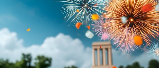 Poster - A grand finale of exploding colorful fireworks bursts lighting up a famous monument or landmark during a large scale festive event in the night sky