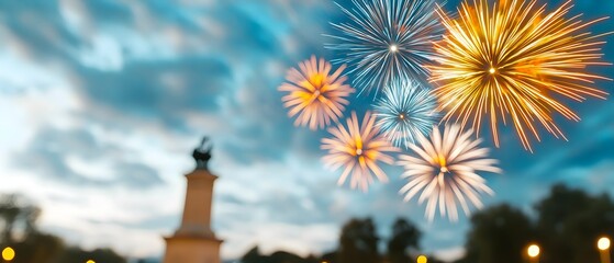 Poster - Vibrant and colorful firework finale lighting up the sky above a famous monument with dazzling explosions creating a mesmerizing display during a landmark festival
