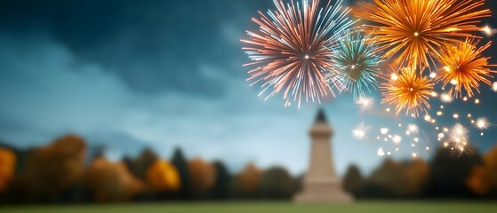 Poster - Colorful Fireworks Finale Lighting Up the Sky Above a Famous Monument Vibrant Explosions Creating a Dazzling Display at a Landmark Festival Show