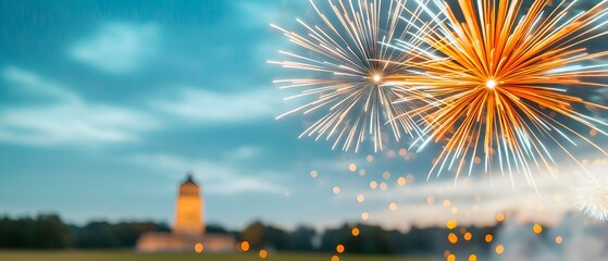 Poster - Captivating display of vibrant fireworks bursting with color and light illuminating a renowned architectural landmark against the backdrop of a glowing night sky