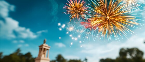 Poster - A breathtaking fireworks display bursting with vibrant colors and light illuminating a famous monument against the night sky and creating a dramatic festival spectacle