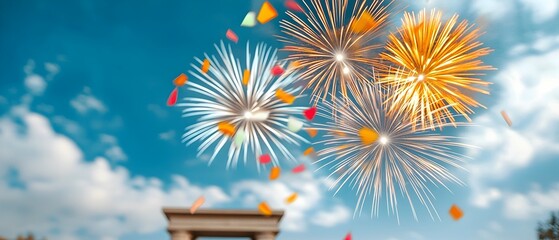 Poster - Captivating fireworks display with bursts of brilliant colors illuminating the sky and famous monument during a lively festival