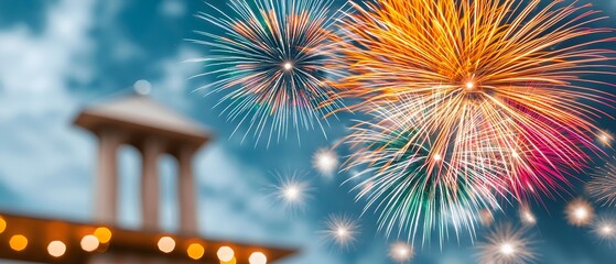 Poster - Breathtaking fireworks display bursting with vibrant colors and lights illuminating a famous monument and the night sky during a lively festival