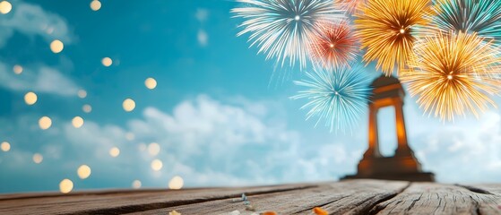 Poster - Breathtaking display of colorful fireworks exploding over a famous landmark illuminating the monument and sky with a vibrant display of lights during an exhilarating festival