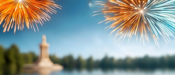 Poster - Stunning fireworks display lighting up the night sky over a famous monument with bursts of vibrant color creating a dramatic and breathtaking festival show for the audience to at