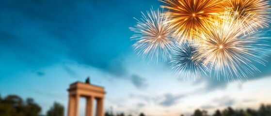 Poster - Vibrant burst of fireworks lighting up the night sky in a grand finale display over a famous monument creating a captivating and festival