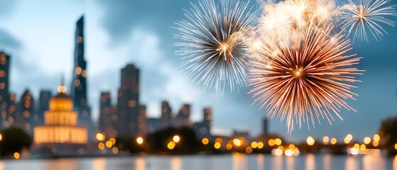 Poster - Brilliant bursts of fireworks light up the night sky in a dazzling finale creating a dramatic and breathtaking festival show over a famous landmark or monument