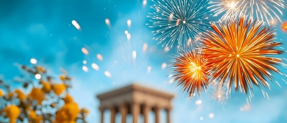 Poster - Vibrant Fireworks Burst Over Iconic Landmark in Dazzling Festival Show Final Colorful Explosions Light Up the Famous Monument and Create an Unforgettable